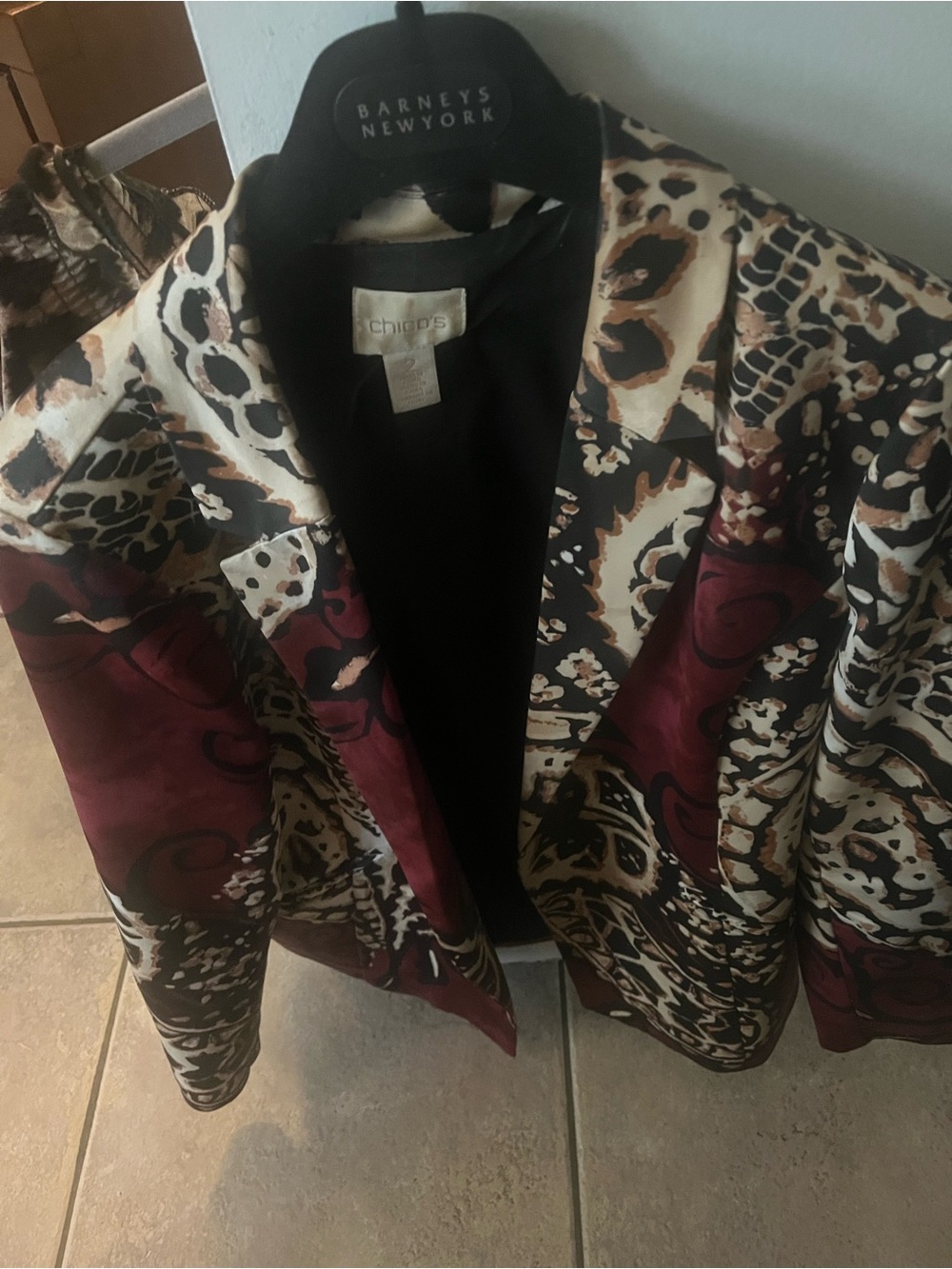 Chico's Mixed Animal-Print Blazer in Burgundy, Black & Cream
